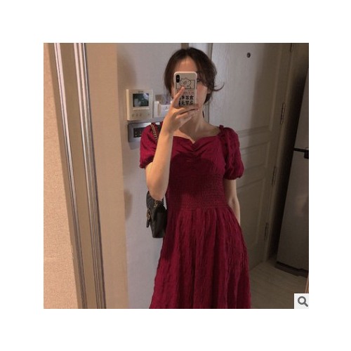 夏季复古方领高腰长款连衣裙宫廷风收腰赫本过膝超仙森系公主裙潮图3