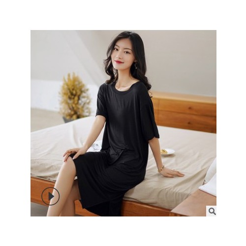 夏季新款短袖连衣裙女韩版纯色休闲长款落肩袖T恤裙百搭长裙薄款图2