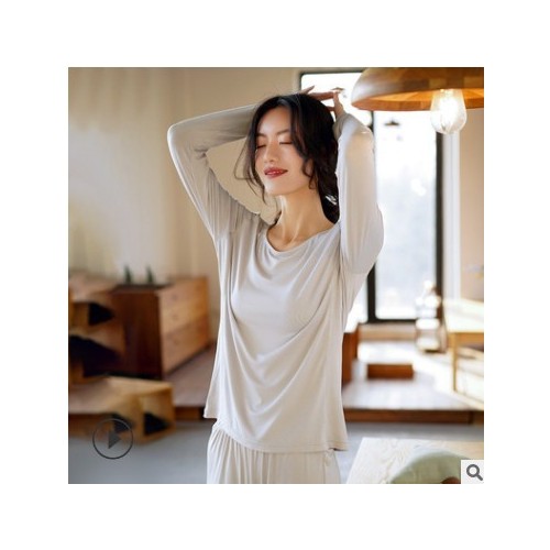 莫代尔圆领长袖T恤女春夏薄款长裤两件套家居服休闲舒适睡衣套装图1