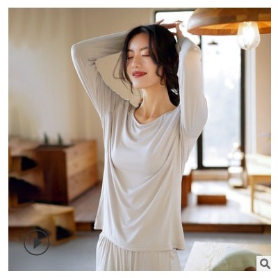 莫代尔圆领长袖T恤女春夏薄款长裤两件套家居服休闲舒适睡衣套装