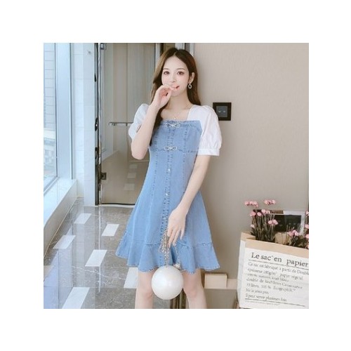 夏季2021年新款牛仔连衣裙法式长款方领小众温柔气质仙女裙子图1