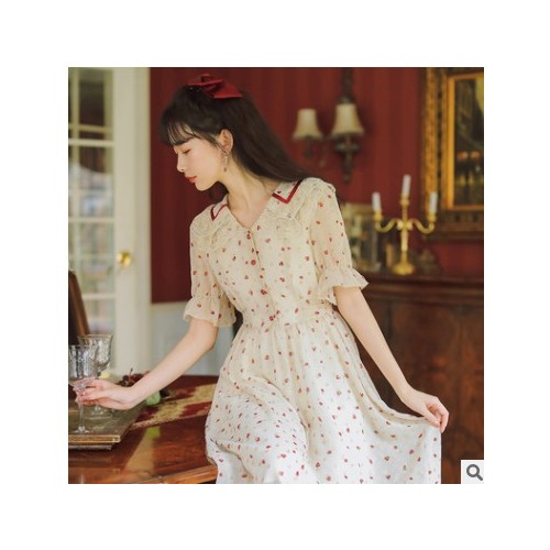 2021年夏装新款仙女超仙森系雪纺碎花娃娃领连衣裙女初恋甜美长裙图2