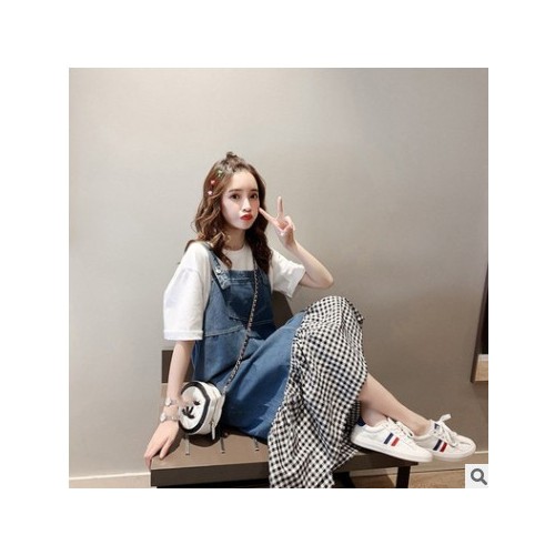 大码女装2021年新款夏胖MM妹妹显瘦两件套装牛仔背带洋气连衣裙子图2