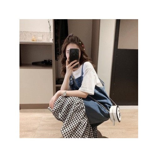 大码女装2021年新款夏胖MM妹妹显瘦两件套装牛仔背带洋气连衣裙子图3