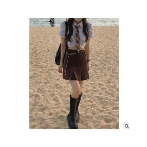 咖色百褶半身裙女2021夏季新款韩版高腰显瘦裤裙包臀a字短裙子图3