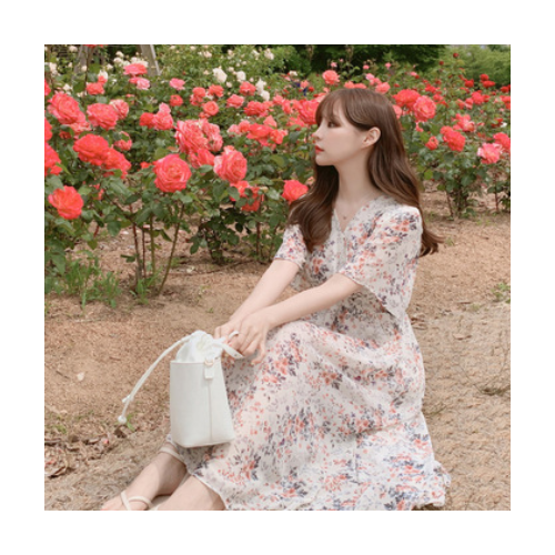 一件代发法式复古短袖za碎花雪纺连衣裙女夏季收腰显瘦裙子586图3
