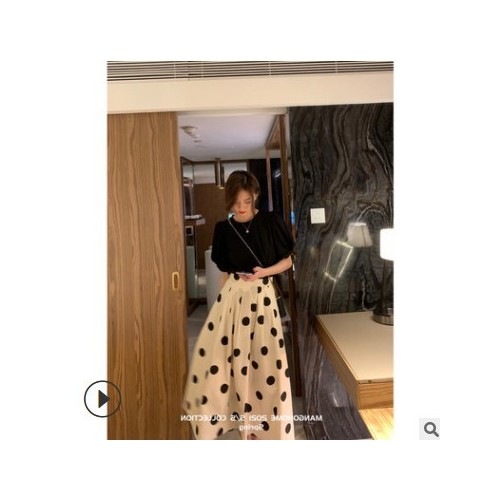 自制款波点半身裙女2021春新款时尚气质高腰宽松A字裙中长款伞裙图2