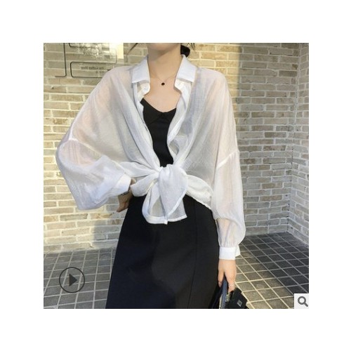 防晒衬衫2021夏季韩版女装新款韩版宽松显瘦长袖纯色薄款透视衬衣图2