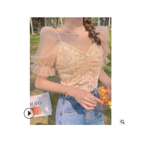 莫奈小衫雪纺衫女短袖2021夏季新款洋气甜系网纱碎花上衣潮流图2