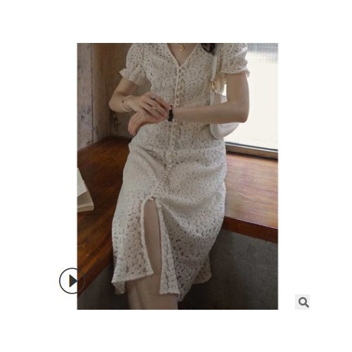 改良旗袍女装 2021夏季新款早春新款玫瑰长裙法式白色蕾丝连衣裙图3