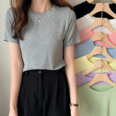 2021新款韩版针织短袖基础款罗纹纯色短袖柔软糖果色圆领T恤女潮
