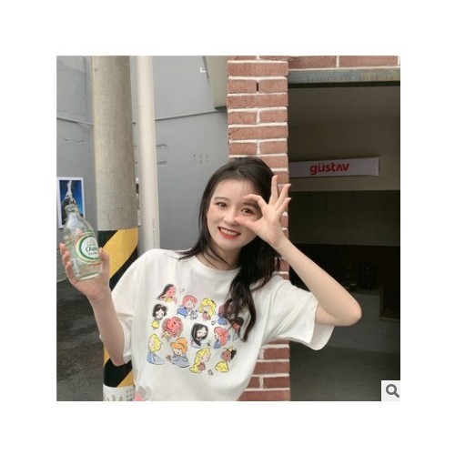 2021夏季新款韩版卡通印花短袖白色t恤女设计感宽松洋气减龄上衣图2