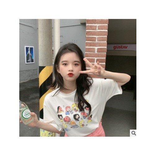 2021夏季新款韩版卡通印花短袖白色t恤女设计感宽松洋气减龄上衣图3
