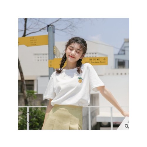 2020夏季新款原宿风百搭马卡龙色ins潮小清新水果绣花短袖T恤上衣图1