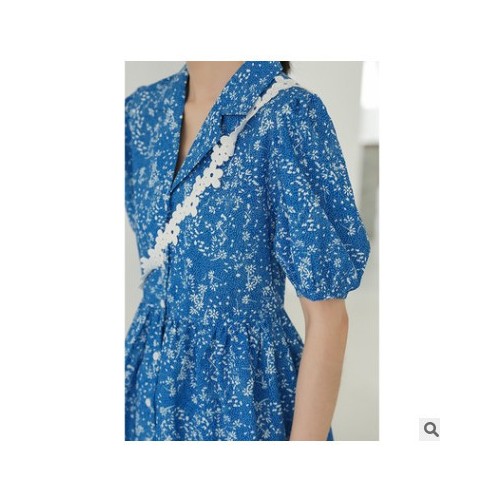 2021新款气质v领蓝色碎花连衣裙女裙子夏季宽松小个子显瘦衬衣裙