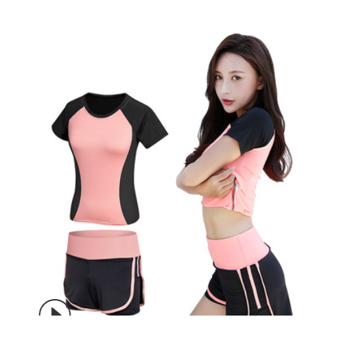 韩版瑜伽服套装女秋弹力修身速干短袖跑步运动户外健身服两件套女图2