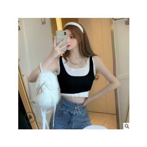 假两件外套潮ins上衣女T恤2021新款显瘦泫雅露脐无袖针织背心气质图2