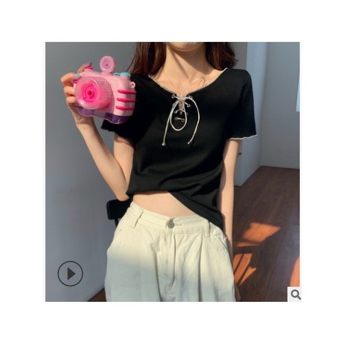 网红2021新款夏装短袖设计感性感绑带时尚显瘦t恤女网红ins潮上衣图1