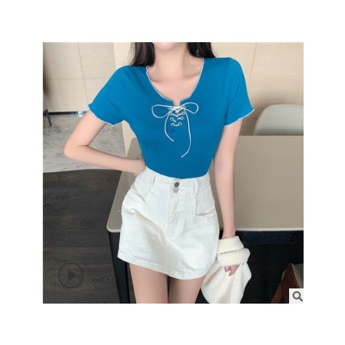 网红2021新款夏装短袖设计感性感绑带时尚显瘦t恤女网红ins潮上衣图2