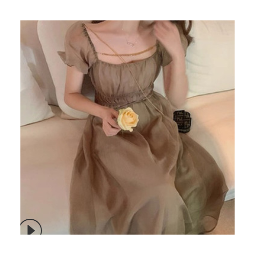 网红泡泡袖方领连衣裙女夏2021新款裙子温柔风收腰长裙法式纱裙图1