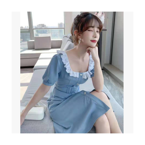 蓝色方领连衣裙女夏季新款可甜可盐气质小个子心机减龄系带开叉裙图1