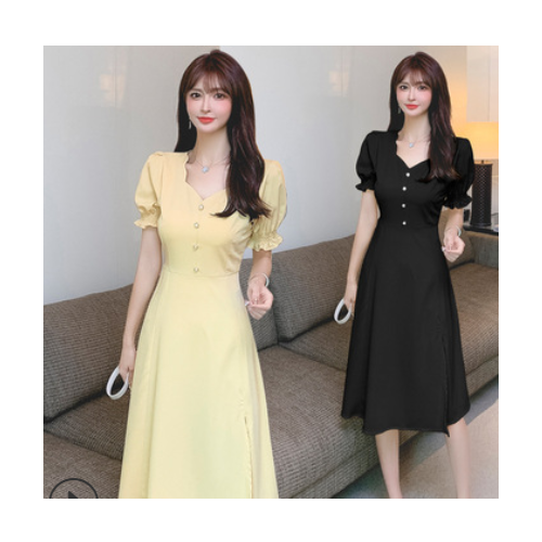 夏装2021新款黄色泡泡袖法式方领连衣裙女夏气质长裙夏季小裙子图1