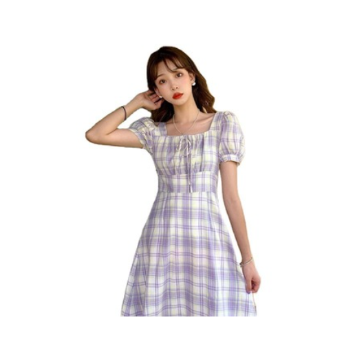 夏装2021年新款蝴蝶结系带方领格子泡泡袖连衣裙女气质收腰A字裙图1