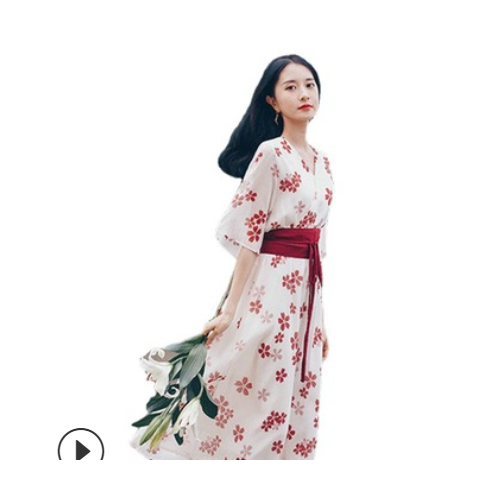连衣裙2021夏季新收腰绑带汉服复古中国风小个子碎花裙子时尚女装图2
