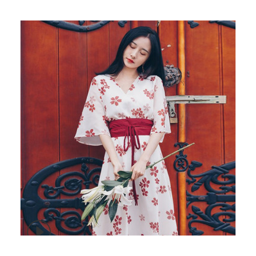 连衣裙2021夏季新收腰绑带汉服复古中国风小个子碎花裙子时尚女装图1