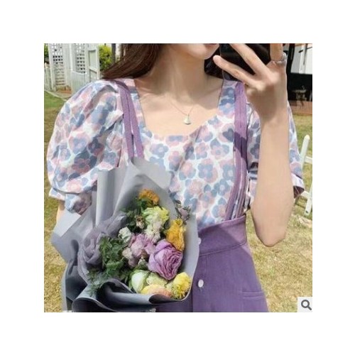【两件套】紫色半身裙套装女夏洋气减龄碎花衬衫+高腰包臀背带裙图1