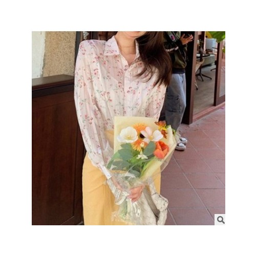 2021春装新款韩版碎花衬衫女气质温柔风雪纺衫长袖上衣外套图2