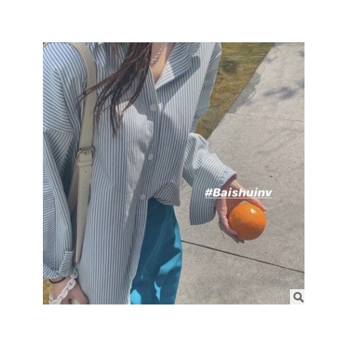 白水女 蓝色条纹衬衫女春季新款洋气宽松设计感小众别致开叉上衣图1