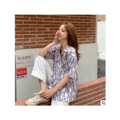港味复古小众设计感水墨印花衬衫女韩版宽松显瘦西装领上衣图1