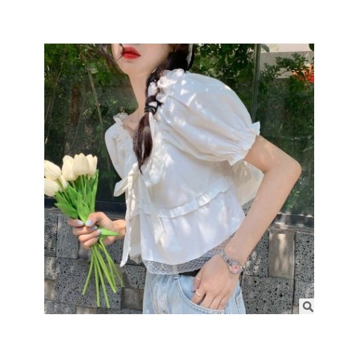 kumayes 法式白色泡泡短袖上衣女夏2021新款韩版一字肩短款衬衫图1