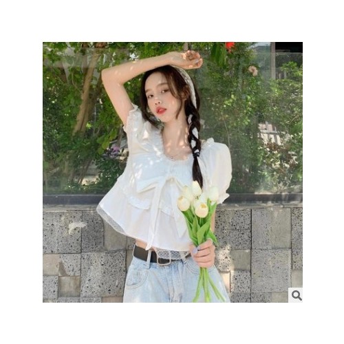 kumayes 法式白色泡泡短袖上衣女夏2021新款韩版一字肩短款衬衫图3