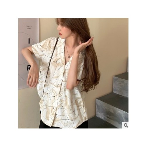 雪纺衬衫女夏短袖2021年新款印花复古港味衬衣设计感小众v领上衣图2