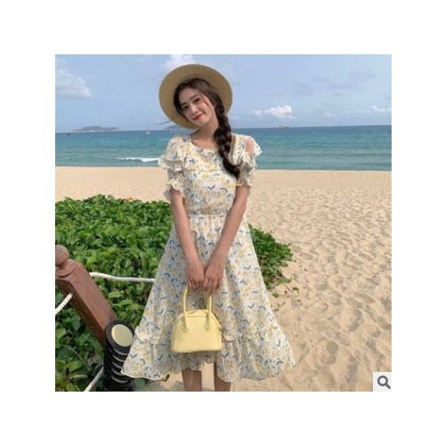碎花连衣裙女夏露肩法式显瘦夏季2021新款年气质女装雪纺裙子长裙图3