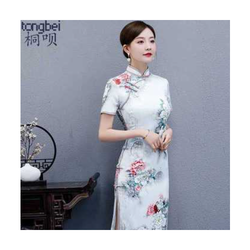 2020夏季新款改良旗袍女双层丝绸中长款短袖修身显瘦旗袍连衣裙图1
