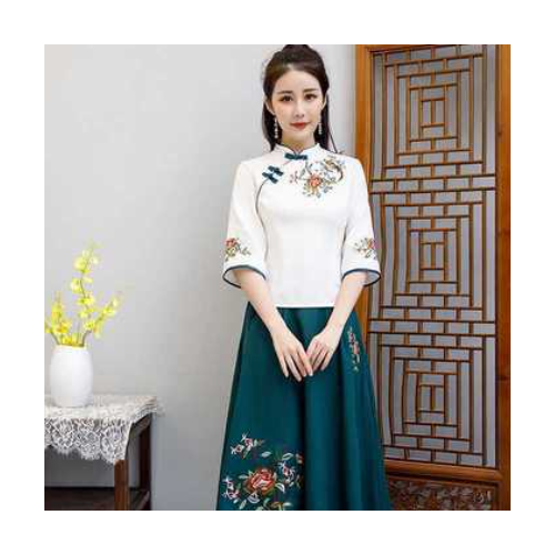 汉服女中国风两件套连衣裙夏季新款仙女复古改良刺绣旗袍套装裙子图1