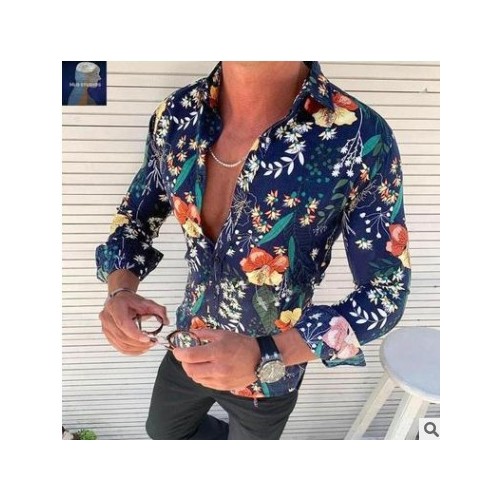MeN’S ShiRt 2021新品男士印花长袖衬衫美式潮流立领衬衣大码男图2