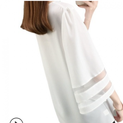镂空纱白色雪纺衫女2021夏季新款韩版纯色喇叭袖宽松大码遮肚上衣