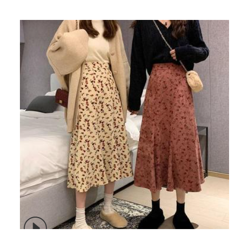 春夏2021新款法国小众复古碎花高腰显瘦中长款灯芯绒半身裙女学生图2