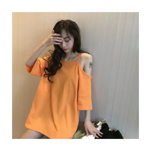 2020新款网红t恤女夏装新款韩版混搭短袖潮宽松露肩体恤小心机女图2