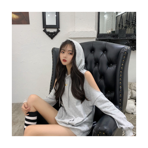 网红套头卫衣女2020新款潮流混搭中长款灰色露肩宽松连帽上衣图3