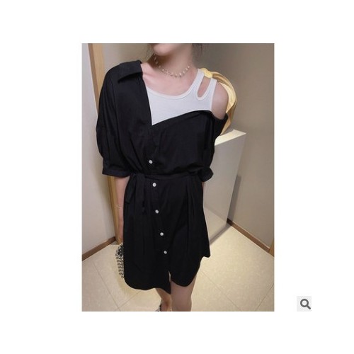 SZESTU露肩连衣裙女夏季2021新款韩版收腰显瘦中长裙假两件衬衫裙图3