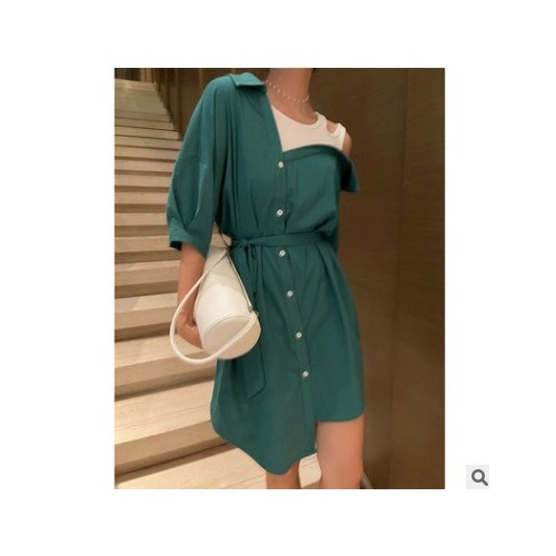 SZESTU露肩连衣裙女夏季2021新款韩版收腰显瘦中长裙假两件衬衫裙图2