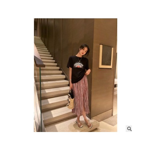SZE STU格子半身裙女夏季2021新款百搭显瘦开叉a字长裙高腰百褶裙图3