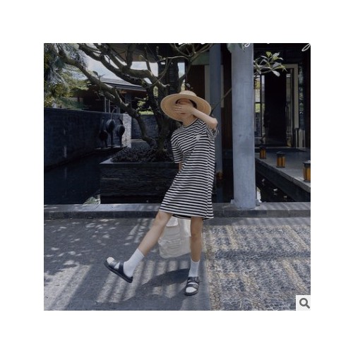 SZE STU十三行连衣裙女装夏季2021新款休闲韩版中长裙条纹t恤裙子图1
