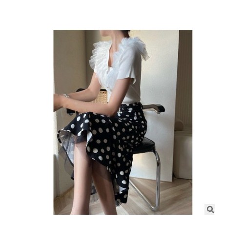 SZESTU波点半身裙女夏季2021新款百搭高腰包臀裙网纱拼接鱼尾长裙图1