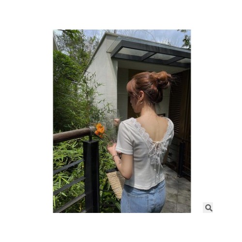 SZESTU短袖t恤女装夏季2021新款纯棉修身韩版ins露背绑带短款上衣图2